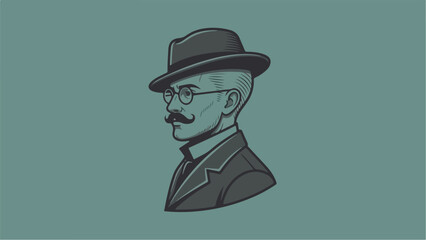 Elegant gentleman portrait with hat and glasses side view.