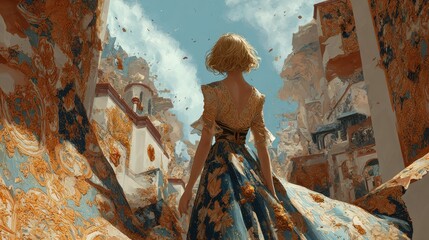 Fototapeta premium Enchanted Landscape with Woman in Flowing Dress and Vibrant Colors