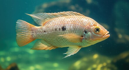 Fototapeta premium Radiant Copper Cichlid Displaying Intricate Patterns in Serene Aquatic Environment
