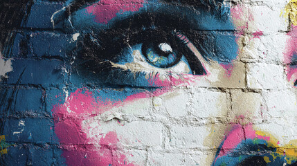 A vibrant close-up of a human eye captured through graffiti art on a brick wall. The artwork uses bright colors, highlighting the eye's details and creating an artistic expression.