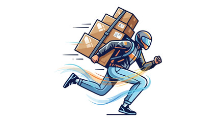 Fast delivery courier running with packages on his back delivering goods quickly.