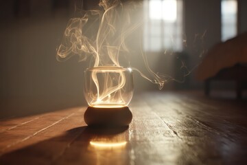 Compact yoga retreat with honey wood floors almond walls rim light from pendant bulb forming halo glow tight