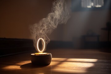 Compact yoga retreat with honey wood floors almond walls rim light from pendant bulb forming halo glow tight