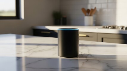 Modern cylindrical smart speaker with a glowing blue ring on a polished marble countertop in a bright contemporary kitchen setting with natural light casting shadows