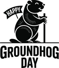 Happy Groundhog Day Groundhog Mascot with Sign Typography Vector