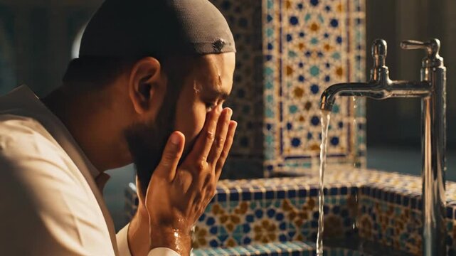 A devout muslim man performs the warm, spiritual wudhu ritual in a cinematic close-up by a faucet inside the prison.
