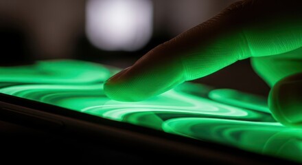 Green screen touch: User interacts with glowing interface on modern device technology