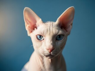 Closeup of hairless cat with blue eyes on blue background