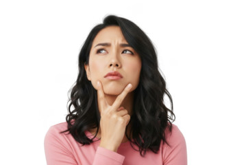 Thoughtful woman with fingers on chin isolated on transparent background