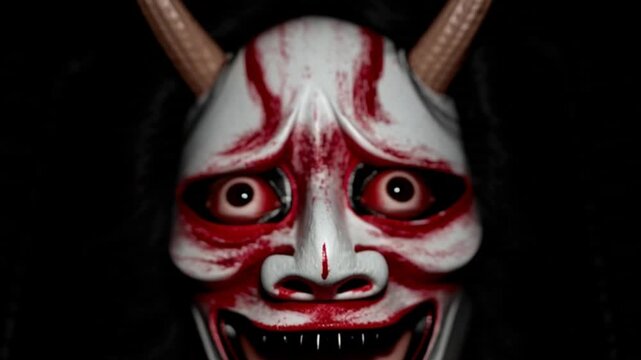 Close-up portrait of a person wearing a Japanese devil mask, emerging from a dark background with dramatic lighting, capturing mystery, folklore, intense emotion and the powerful spirit of traditional