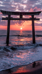 Serene Japanese Torii Gate at Sunrise on a Scenic Ocean Beach