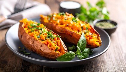 Close-up of baked sweet potatoes stuffed with savory filling, served on a plate