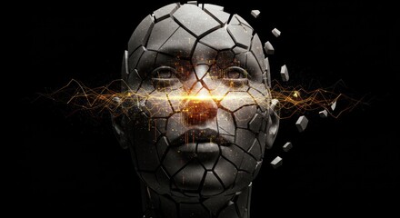Fragmented virtual consciousness emanating from a shattered digital form head statue
