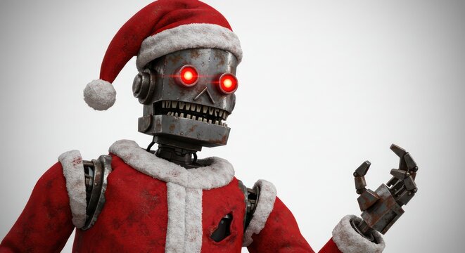Festive automaton dressed as father christmas with glowing red eyes of an evil robot