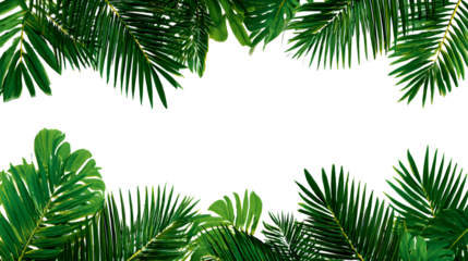 Tropical green palm leaves border frame on transparent background for copy space,  ai generated image.