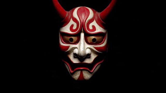 Close-up portrait of a person wearing a Japanese devil mask, emerging from a dark background with dramatic lighting, capturing mystery, folklore, intense emotion and the powerful spirit of traditional