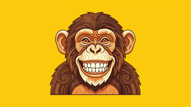 Smiling chimpanzee portrait against a vibrant yellow background happy primate.