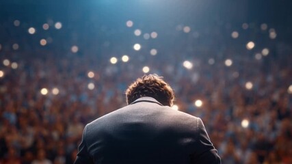 A motivational speaker addressing a large crowd from the stage, back facing the camera, inspiring confidence, leadership, and unity through powerful words, energy, and vision on stage presence