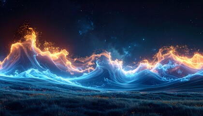 Abstract ocean waves burning with fiery orange and cool blue under starry sky