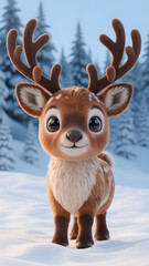 Adorable Cute Reindeer Character in Winter Snow Forest