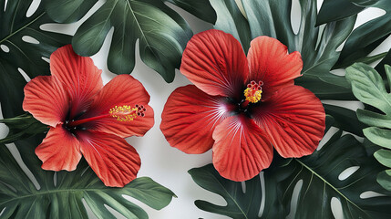 Fototapeta premium Bold red hibiscus flower with tropical green leaves creates vibrant and exotic contrast, showcasing natural beauty and lush foliage in bright composition