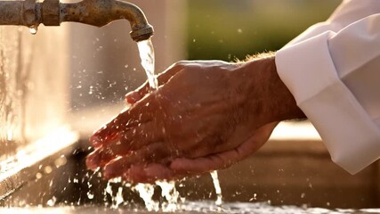 Golden close-up of a man performing wudhu ablution, cleansing the soul's prison under a flowing tap.