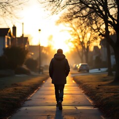 겨울 노을빛이 물든 거리 풍경과 산책하는 사람