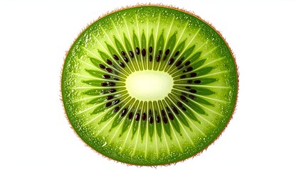 A sliced kiwi fruit reveals its vibrant green interior, seeds