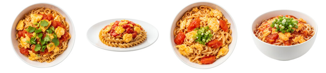 Four bowls and plates of pasta with tomato sauce, scrambled eggs, and green onions for a tasty meal on transparent background
