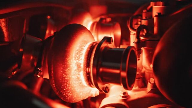 Glowing engine component emits bright light and intense heat, metallic surfaces and dark background