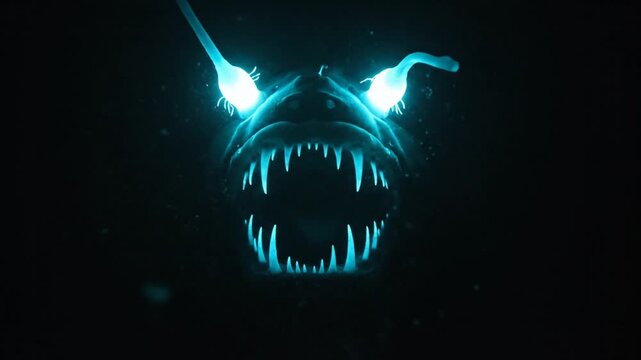 A bioluminescent deep-sea creature with sharp teeth and an antenna. The dark abyss surrounds it