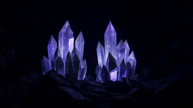 Illuminated, radiant purple crystals emerge from a dark, rugged terrain, illuminated in a mysterious cavern setting