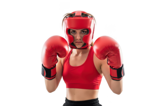 Female boxer in red gear isolated on transparent background - Powered by Adobe