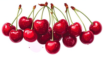 A cluster of shiny red fruit, green stems, and slight water droplets