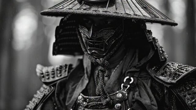 A dramatic video portrait of a samurai warrior in full armor, standing with strength and honor, captured in cinematic lighting that reflects ancient tradition, discipline, power and legendary Japanese