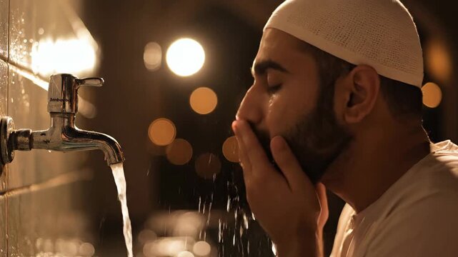 A serene, close-up shot of a bearded muslim man performing wudhu ablution near a faucet, preparing for prayer outside the prison walls.