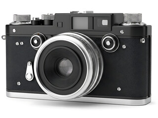 Vintage style black camera with silver accents and large lens