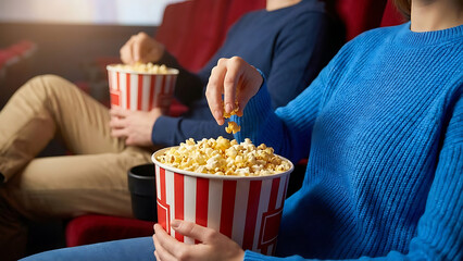 Close up of a couple enjoying large buckets of buttery popcorn while sitting together in a dimly lit movie theater enjoying a film
