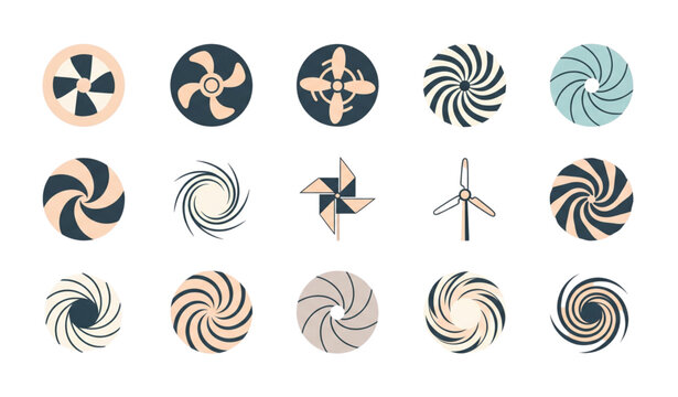 Round swirl and spiral vector icon set with fan propeller and vortex symbols isolated on white background