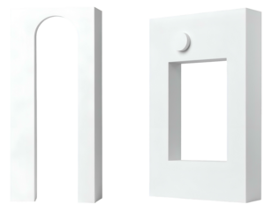 Two white minimalist architectural shapes against a stark black background