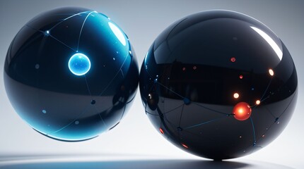 Futuristic glossy spheres with glowing network connections, abstract technology and innovation concept
