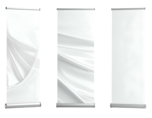 Three vertical blank roll-up banners, white backgrounds, sleek, modern design