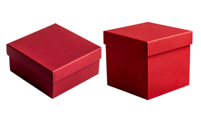 Two textured red square gift boxes displayed from different angles ready for celebration on transparent background