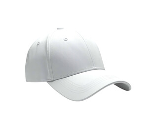 A pristine white baseball cap, isolated against a stark black background