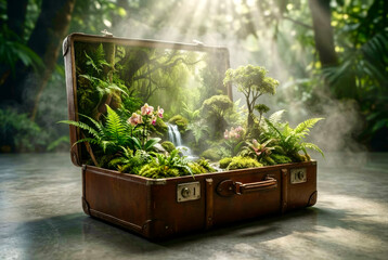 Creating a small forest inside a suitcase with plants, trees, and water in a bright woodland setting