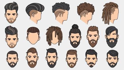 Collection of diverse male hairstyles and beards illustration.