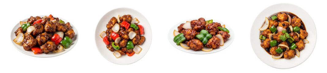 Fototapeta premium Four plates of manchurian dishes with colorful vegetables on a plain setting showcasing food on transparent background