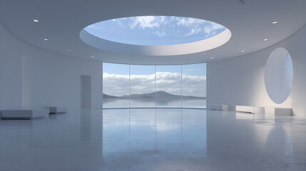 A modern minimalist interior space with a circular skylight and large panoramic windows overlooking scenic landscape
