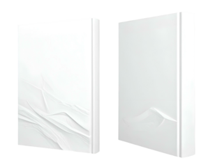 Two angled, white book-like objects with textured surfaces on a black backdrop