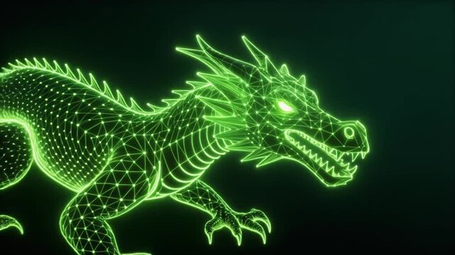 A glowing green digital dragon, a network of connected lines and points against a dark green backdrop
